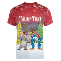 Personalised Christmas In July Women V-Neck T-Shirt Funny Dabbing Dance Koala And Blue Penguins