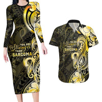 Sarcoma Awareness Couples Matching Long Sleeve Bodycon Dress and Hawaiian Shirt You Are Stronger Than Sarcoma LT05 Yellow - Polynesian Pride