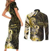 Sarcoma Awareness Couples Matching Short Sleeve Bodycon Dress and Long Sleeve Button Shirt You Are Stronger Than Sarcoma LT05 - Polynesian Pride