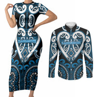 Custom Aotearoa Ngati Kahungunu Couples Matching Short Sleeve Bodycon Dress and Long Sleeve Button Shirt Maori Tribal Pattern LT05 Blue - Polynesian Pride