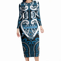 Custom Aotearoa Ngati Kahungunu Long Sleeve Bodycon Dress Maori Tribal Pattern LT05 Long Dress Blue - Polynesian Pride