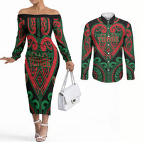 Custom Aotearoa Ngai Tuhoe Couples Matching Off The Shoulder Long Sleeve Dress and Long Sleeve Button Shirt Maori Tribal Pattern