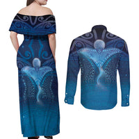 Polynesia Manta Ray Couples Matching Off Shoulder Maxi Dress and Long Sleeve Button Shirt Let's The Sea Set You Free LT05 - Polynesian Pride