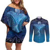 Polynesia Manta Ray Couples Matching Off Shoulder Short Dress and Long Sleeve Button Shirt Let's The Sea Set You Free LT05 Blue - Polynesian Pride