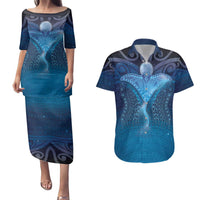 Polynesia Manta Ray Couples Matching Puletasi and Hawaiian Shirt Let's The Sea Set You Free LT05 Blue - Polynesian Pride