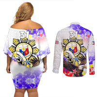 Filipino American History Month Couples Matching Off Shoulder Short Dress and Long Sleeve Button Shirts The Eight-Rayed Sun Flags With Bald Eagle LT05 - Polynesian Pride