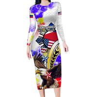 Filipino American History Month Long Sleeve Bodycon Dress The Eight-Rayed Sun Flags With Bald Eagle LT05 Long Dress White - Polynesian Pride