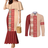 Papua New Guinea Couples Matching Mermaid Dress and Long Sleeve Button Shirt Oro Tapa Pattern LT05 Beige - Polynesian Pride