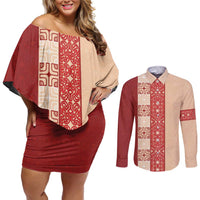 Papua New Guinea Couples Matching Off Shoulder Short Dress and Long Sleeve Button Shirt Oro Tapa Pattern LT05 Beige - Polynesian Pride