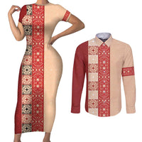 Papua New Guinea Couples Matching Short Sleeve Bodycon Dress and Long Sleeve Button Shirt Oro Tapa Pattern LT05 Beige - Polynesian Pride