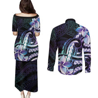 Polynesian Art Tattoo Couples Matching Puletasi and Long Sleeve Button Shirt Plumeria Flowers Turquoise Gradient LT05 - Polynesian Pride