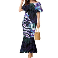 Polynesian Art Tattoo Family Matching Mermaid Dress and Hawaiian Shirt Plumeria Flowers Turquoise Gradient