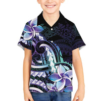 Polynesian Art Tattoo Family Matching Off The Shoulder Long Sleeve Dress and Hawaiian Shirt Plumeria Flowers Turquoise Gradient