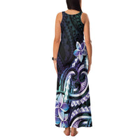 Polynesian Art Tattoo Family Matching Tank Maxi Dress and Hawaiian Shirt Plumeria Flowers Turquoise Gradient