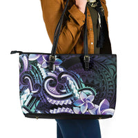 Polynesian Art Tattoo Leather Tote Bag Plumeria Flowers Turquoise Gradient