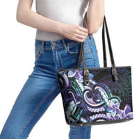Polynesian Art Tattoo Leather Tote Bag Plumeria Flowers Turquoise Gradient