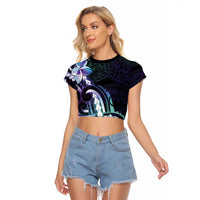 Polynesian Art Tattoo Raglan Cropped T Shirt Plumeria Flowers Turquoise Gradient LT05 Female Turquoise - Polynesian Pride