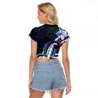 Polynesian Art Tattoo Raglan Cropped T Shirt Plumeria Flowers Turquoise Gradient LT05 - Polynesian Pride