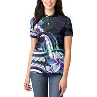 Polynesian Art Tattoo Women Polo Shirt Plumeria Flowers Turquoise Gradient