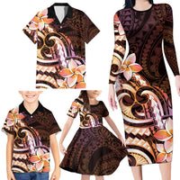 Polynesian Art Tattoo Family Matching Long Sleeve Bodycon Dress and Hawaiian Shirt Plumeria Flowers Peach Gradient