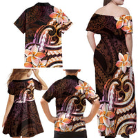 Polynesian Art Tattoo Family Matching Off Shoulder Maxi Dress and Hawaiian Shirt Plumeria Flowers Peach Gradient