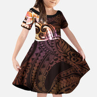 Polynesian Art Tattoo Family Matching Short Sleeve Bodycon Dress and Hawaiian Shirt Plumeria Flowers Peach Gradient