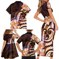 Polynesian Art Tattoo Family Matching Short Sleeve Bodycon Dress and Hawaiian Shirt Plumeria Flowers Peach Gradient
