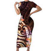 Polynesian Art Tattoo Family Matching Short Sleeve Bodycon Dress and Hawaiian Shirt Plumeria Flowers Peach Gradient