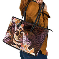 Polynesian Art Tattoo Leather Tote Bag Plumeria Flowers Peach Gradient