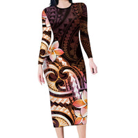 Polynesian Art Tattoo Long Sleeve Bodycon Dress Plumeria Flowers Peach Gradient LT05 Long Dress Peach - Polynesian Pride