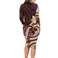 Polynesian Art Tattoo Long Sleeve Bodycon Dress Plumeria Flowers Peach Gradient LT05 - Polynesian Pride