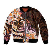 Polynesian Art Tattoo Sleeve Zip Bomber Jacket Plumeria Flowers Peach Gradient