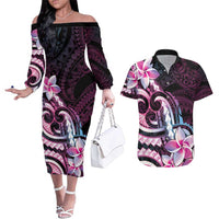 Polynesian Art Tattoo Couples Matching Off The Shoulder Long Sleeve Dress and Hawaiian Shirt Plumeria Flowers Pink Gradient
