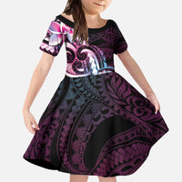 Polynesian Art Tattoo Family Matching Off The Shoulder Long Sleeve Dress and Hawaiian Shirt Plumeria Flowers Pink Gradient