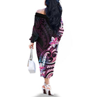 Polynesian Art Tattoo Family Matching Off The Shoulder Long Sleeve Dress and Hawaiian Shirt Plumeria Flowers Pink Gradient