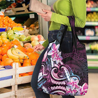 Polynesian Art Tattoo Grocery Bag Plumeria Flowers Pink Gradient