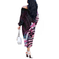 Polynesian Art Tattoo Off The Shoulder Long Sleeve Dress Plumeria Flowers Pink Gradient