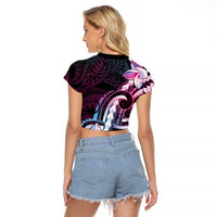 Polynesian Art Tattoo Raglan Cropped T Shirt Plumeria Flowers Pink Gradient LT05 - Polynesian Pride