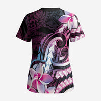 Polynesian Art Tattoo Scrub Top Plumeria Flowers Pink Gradient LT05 - Polynesian Pride