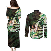 Polynesian Art Tattoo Couples Matching Puletasi and Long Sleeve Button Shirt Plumeria Flowers Green Gradient LT05 - Polynesian Pride
