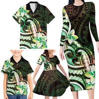 Polynesian Art Tattoo Family Matching Long Sleeve Bodycon Dress and Hawaiian Shirt Plumeria Flowers Green Gradient
