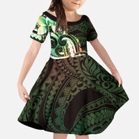 Polynesian Art Tattoo Family Matching Off The Shoulder Long Sleeve Dress and Hawaiian Shirt Plumeria Flowers Green Gradient