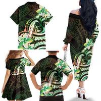 Polynesian Art Tattoo Family Matching Off The Shoulder Long Sleeve Dress and Hawaiian Shirt Plumeria Flowers Green Gradient
