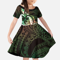 Polynesian Art Tattoo Family Matching Off Shoulder Maxi Dress and Hawaiian Shirt Plumeria Flowers Green Gradient
