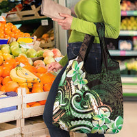 Polynesian Art Tattoo Grocery Bag Plumeria Flowers Green Gradient