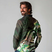 Polynesian Art Tattoo Long Sleeve Polo Shirt Plumeria Flowers Green Gradient