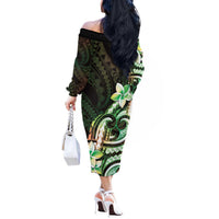 Polynesian Art Tattoo Off The Shoulder Long Sleeve Dress Plumeria Flowers Green Gradient LT05 - Polynesian Pride