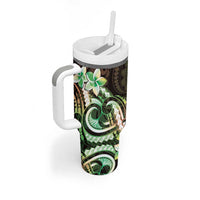 Polynesian Art Tattoo Tumbler With Handle Plumeria Flowers Green Gradient LT05 - Polynesian Pride