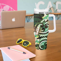 Polynesian Art Tattoo Tumbler With Handle Plumeria Flowers Green Gradient LT05 - Polynesian Pride