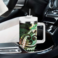 Polynesian Art Tattoo Tumbler With Handle Plumeria Flowers Green Gradient LT05 - Polynesian Pride